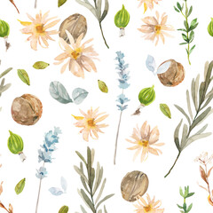 Watercolor hand painted botanical herbs and spicy cardamom, leaves, berries and branches illustration seamless pattern, wallpaper, wrapping paper
