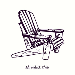 Adirondack Chair. Ink black and white doodle drawing in woodcut style.