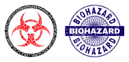 Geometric mosaic biohazard, and Biohazard grunge seal imitation. Blue seal contains Biohazard text inside circle shape. Vector biohazard mosaic is formed of scattered circle, triangle, square parts.