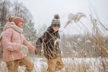 Two siblings walking hand in hand in winter forest