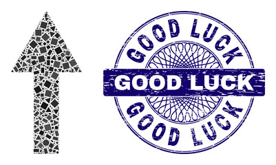 Geometric mosaic arrow up, and Good Luck scratched stamp. Blue stamp seal contains Good Luck title inside circle shape. Vector arrow up mosaic is designed of different circle, triangle, square items.