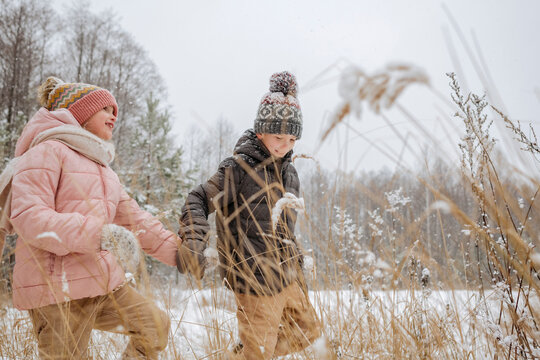 Two siblings walking hand in hand in winter forest