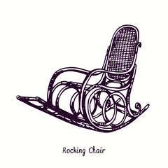 Rocking Chair. Ink black and white doodle drawing in woodcut style.