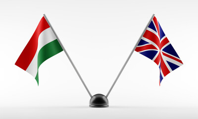 Stand with two national flags. Flags of Hungary and Great Britain. Isolated on a white background. 3d rendering