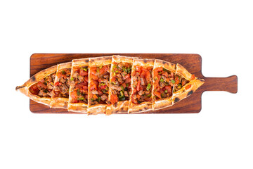 Turkish pide with meat. Turkish pizza cubed pita. Pide on white background. pita, kusbasili pide, pide.