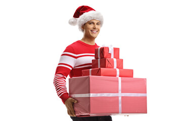 Man with a christmas santa hat holding a pile of presents
