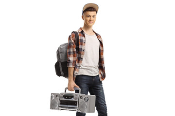 Teenager holding a boombox radio and carrying a backpack