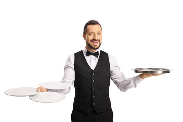 Professional waiter holding empty plates and a silver tray
