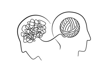 Mental health concept of two heads with brain as continuous line in vector illustration - 462719080
