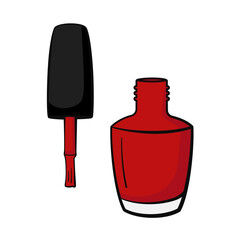 Red nail polish with bottle and brush as vector icon