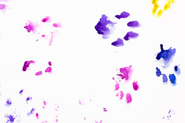 Multicolored cat or dog footprints on white background with space for text. Canine paws marks on...