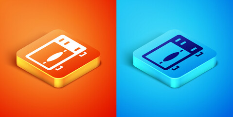 Isometric Microwave oven icon isolated on orange and blue background. Home appliances icon. Vector