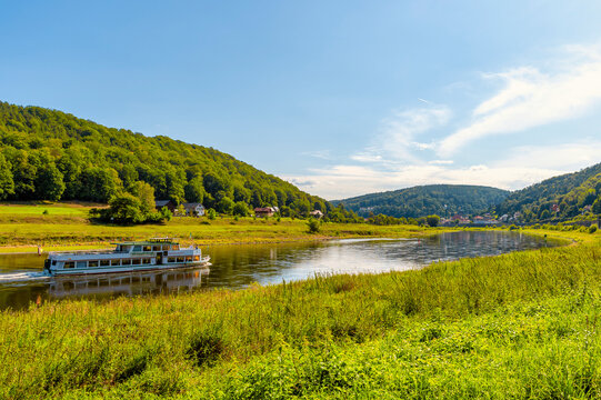 Germany, Saxony, Konigstein, Tourboat on river Elbe