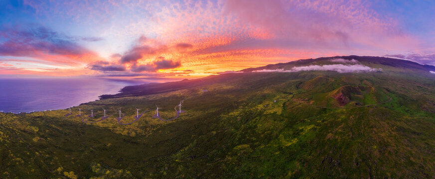 USA, Hawaii, Maui, south coast, Haleakala volcano, Luala?ilua Hills and wind turbines at sunset