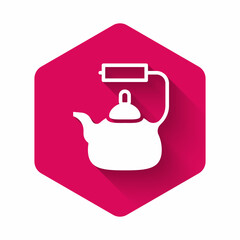 White Kettle with handle icon isolated with long shadow background. Teapot icon. Pink hexagon button. Vector