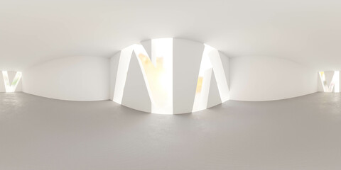 full 360 degree panorama environment map of white abstract empty studio with light shining through slits in walls 3d render illustration hri hdr vr