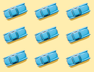 Vintage blue cars pattern on pastel yellow background