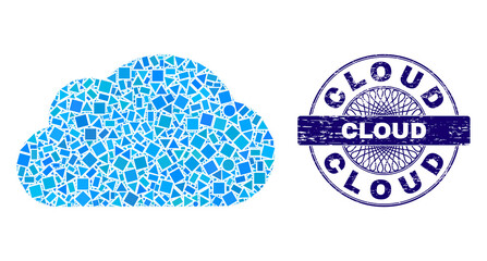 Geometric mosaic cloud, and Cloud rubber seal. Violet seal contains Cloud title inside circle form. Vector cloud collage is done from different circle, triangle, rectangular parts.