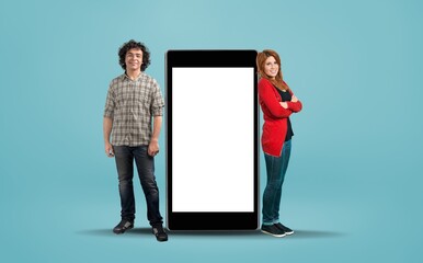 Great mobile app. Happy couple pointing at giant smartphone with the mockup, promoting application