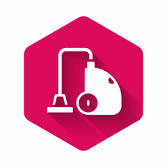 White Vacuum cleaner icon isolated with long shadow background. Pink hexagon button. Vector