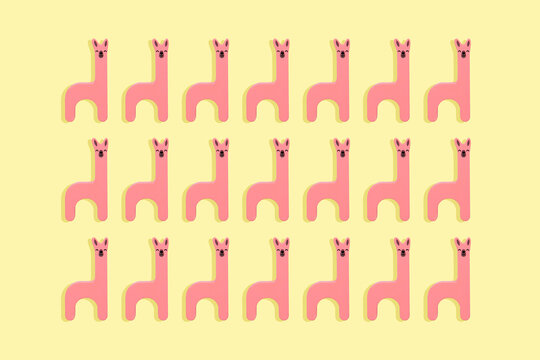 Cute pink llamas wooden toy in a row on yellow background