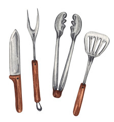 BBQ tools and utensils. Watercolor kitchen tools Illustration.