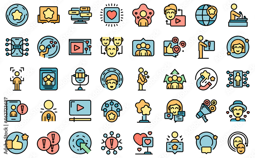 Wall mural influencer icons set outline vector. video subscribe. view content - Wall murals