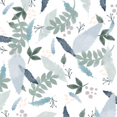 Blue Grey Green Feather Leaves Dots Pattern