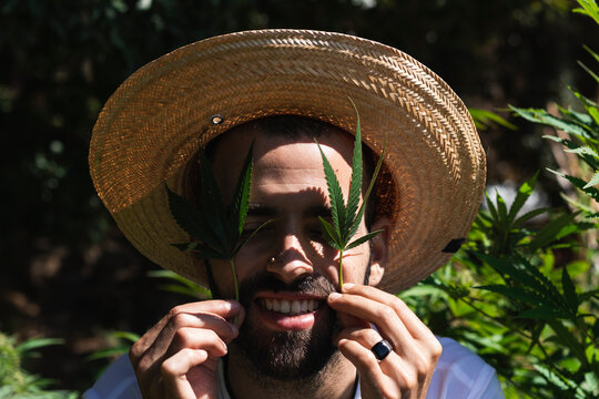 Smiling young farmer with straw hat holding marijuana leaves in front of eyes