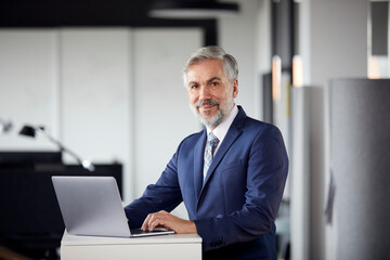 Portrait of mature businessman using laptop in office