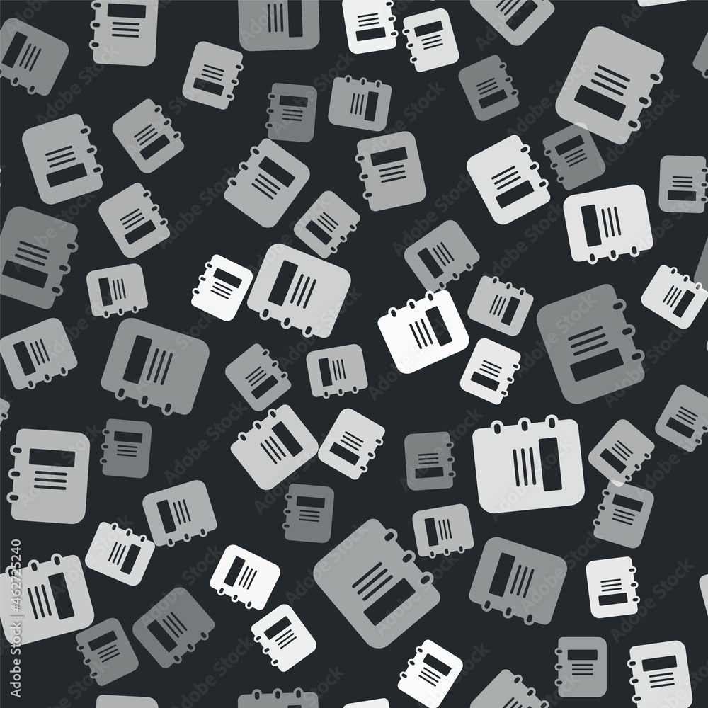 Poster grey notebook icon isolated seamless pattern on black background. spiral notepad icon. school notebo