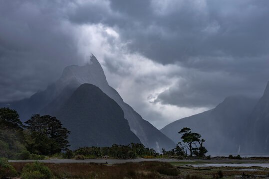 New Zealand, Southland, Gray storm clouds over Milford Sound