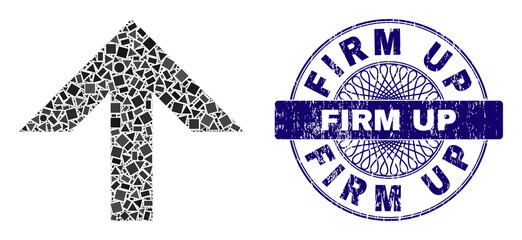 Geometric mosaic arrow up, and Firm Up dirty seal. Violet seal includes Firm Up tag inside circle form. Vector arrow up mosaic is formed with random circle, triangle, rectangular items.