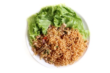 Fried instant noodle spicy Asia street food isolated white background