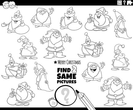 find two same Santa Claus characters coloring book page