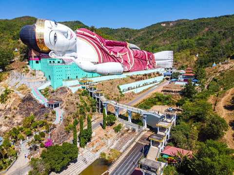 Myanmar, Mon state, outside of Mawlamyine, Giant reclining Buddha in Win Sein Taw Ya, aerial view