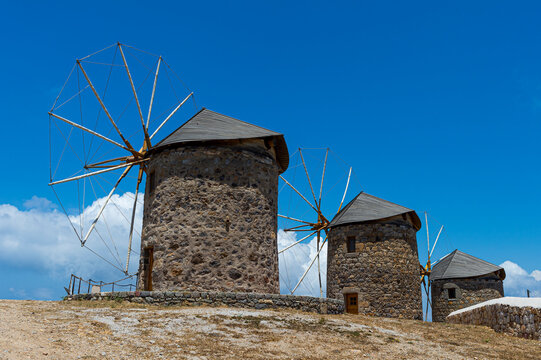 Greece, South Aegean, Patmos, Ancient stone windmills