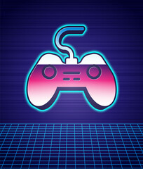 Retro style Gamepad icon isolated futuristic landscape background. Game controller. 80s fashion party. Vector