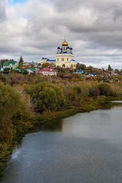 Russia, Lipetsk Oblast, Yelets, Yelets Cathedral overlooking Bystraya Sosna river