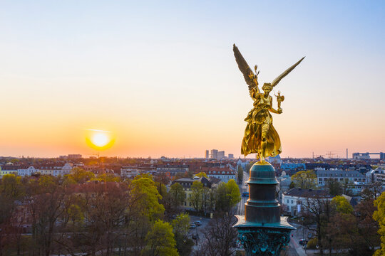 Germany, Bavaria, Munich, Drone view of Angel of Peace monument at sunrise