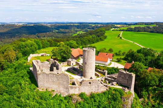 Germany, Bavaria, Neumarkt in der Oberpfalz, Drone view of Burgruine Wolfstein castle in spring
