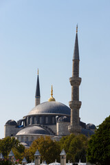 Fototapeta na wymiar View on the dome and minaret of Sultan Ahmet Mosque also Known as Blue Mosque in Istanbul.