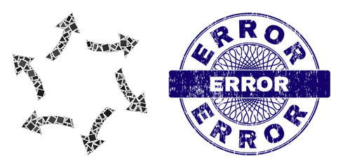 Fototapeta premium Geometric collage centrifugal arrows, and Error corroded stamp seal. Violet stamp seal has Error text inside circle form. Vector centrifugal arrows collage is organized of randomized circle, triangle,