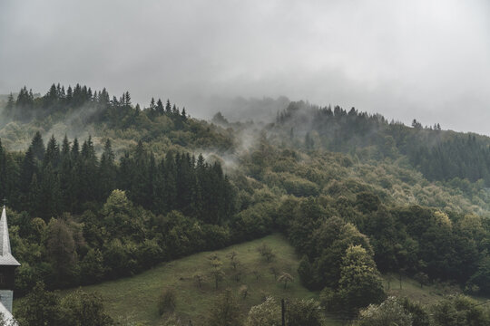 Stunning view of forest mountains lost in the fog on a gloomy day, horizontal wallpaper