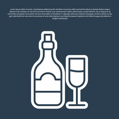 Blue line Champagne bottle with glass icon isolated on blue background. Vector
