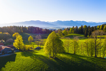 Germany, Bavaria, Buchberg, Drone view of green countryside landscape at foggy springtime sunrise