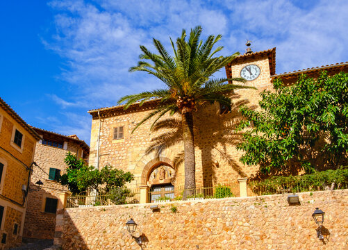 Spain, Mallorca, Fornalutx, Palm tree in front of Navidad de Nostra Senyora church