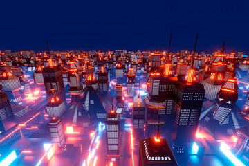 Three dimensional render of futuristic city at night