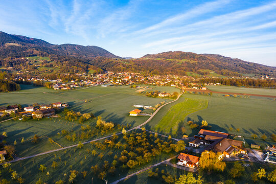 Germany, Bavaria, Bad Feilnbach, Aerial view of countryside town in spring