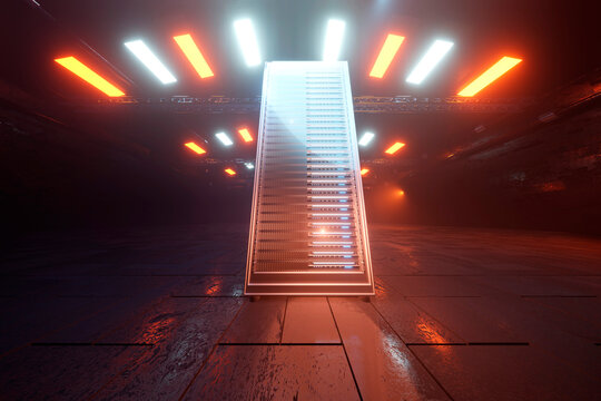 Three dimensional render of illuminated server room